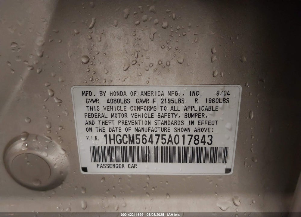 2005 HONDA ACCORD 2.4 LX VIN: 1HGCM56475A017843