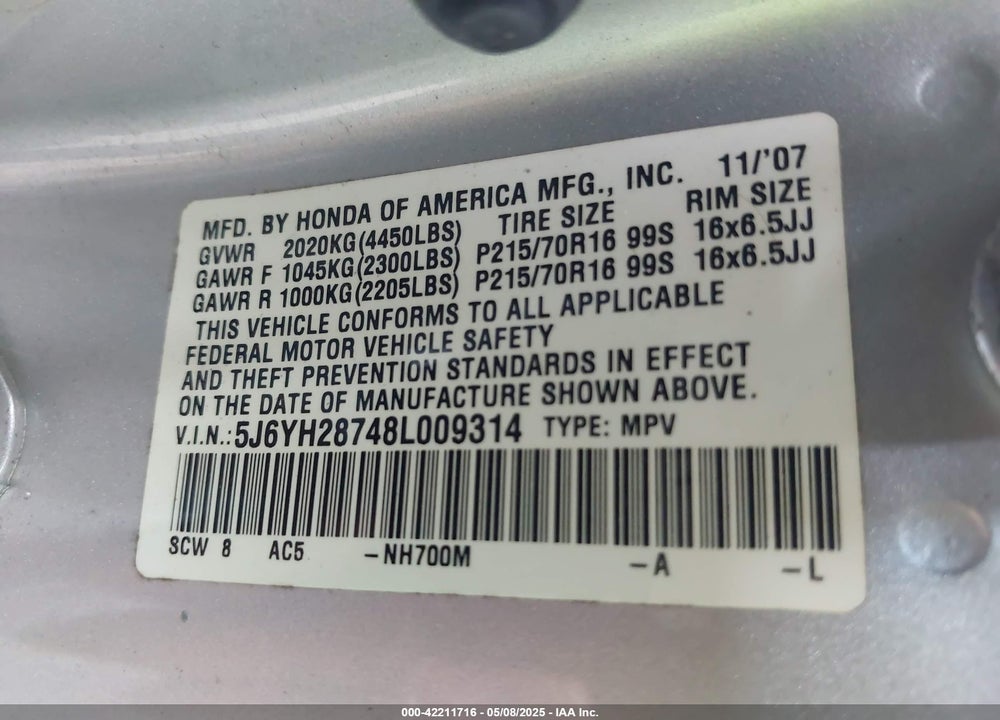 2008 HONDA ELEMENT EX VIN: 5J6YH28748L009314