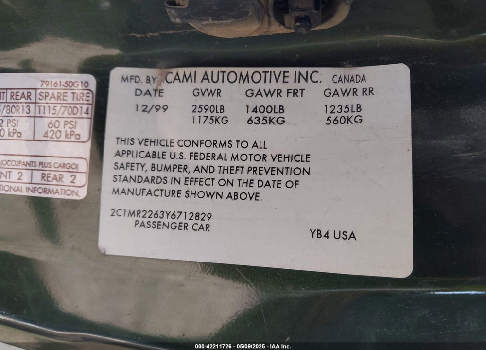2000 CHEVROLET METRO VIN: 2C1MR2263Y6712829
