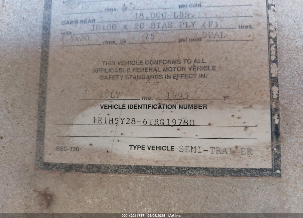 1996 EAST MANUFACTURING TRAILER VIN: 1E1H5Y286TRG19780