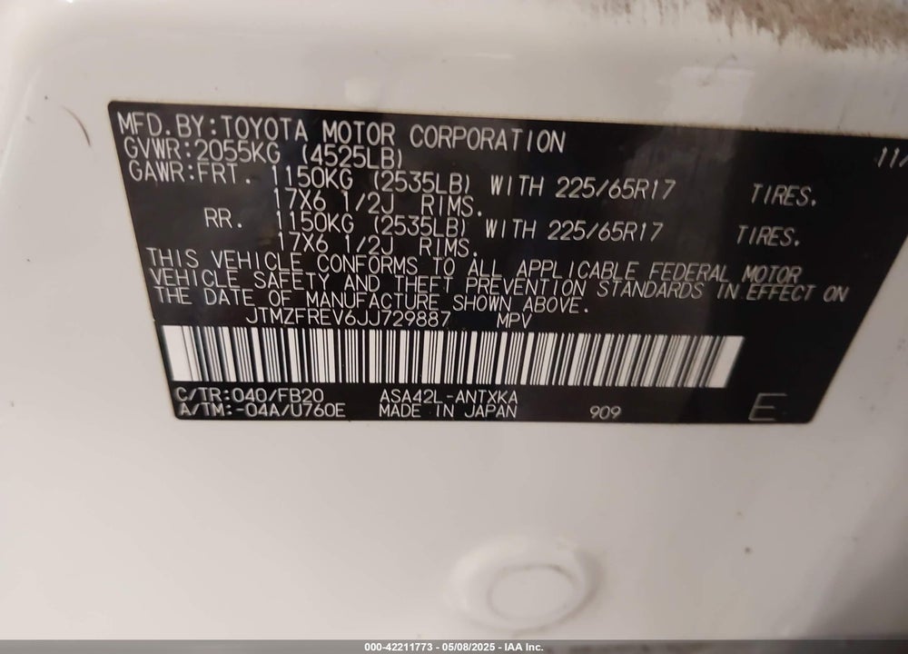 2018 TOYOTA RAV4 VIN: JTMZFREV6JJ729887