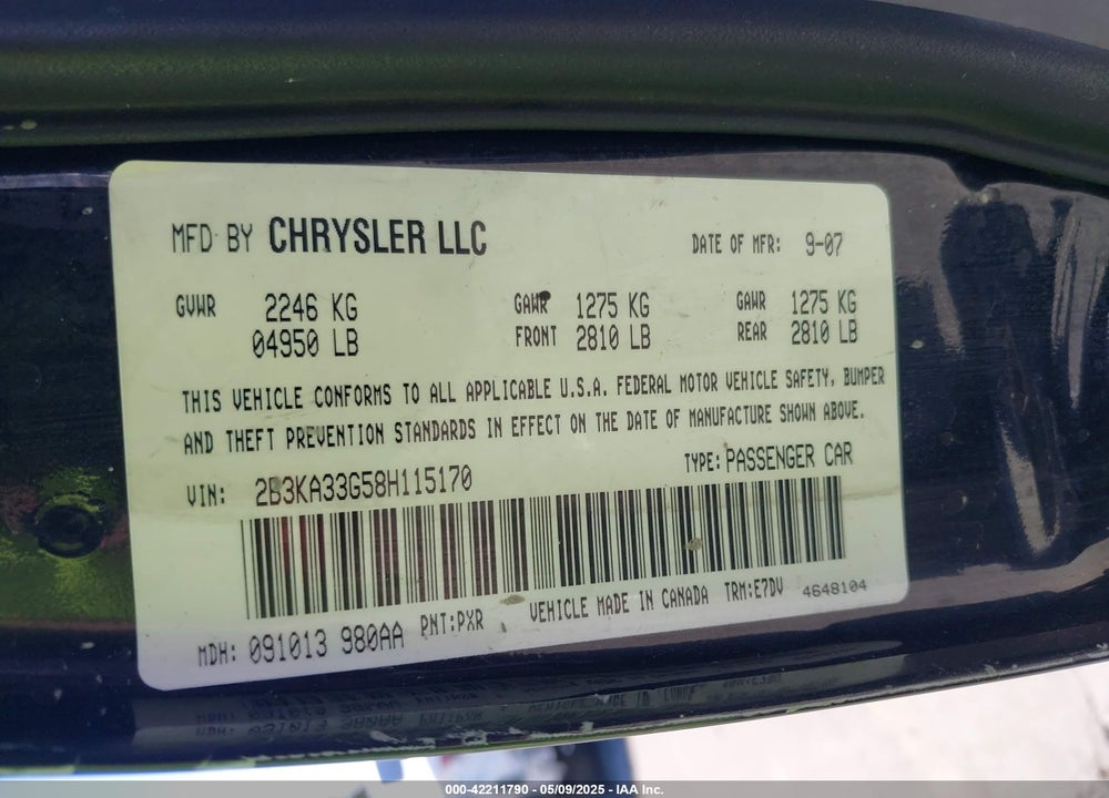 2008 DODGE CHARGER SXT VIN: 2B3KA33G58H115170