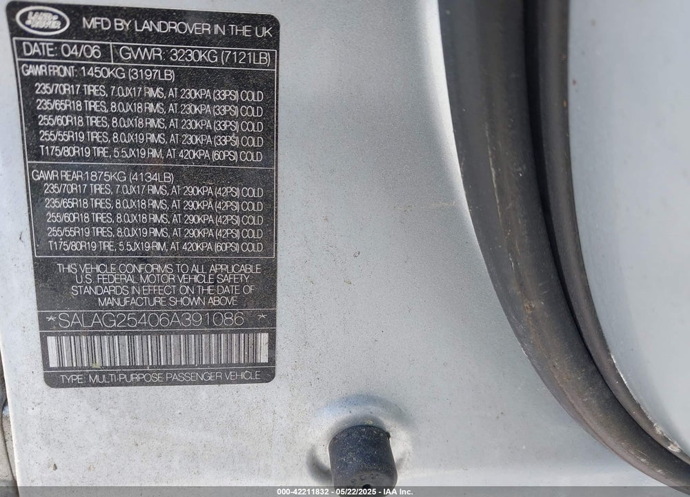 2006 LAND ROVER LR3 VIN: SALAG25406A391086