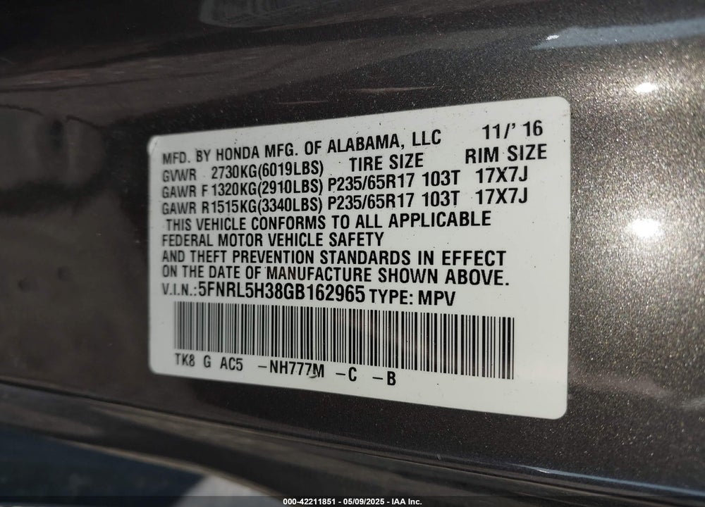 2016 HONDA ODYSSEY VIN: 5FNRL5H38GB162965