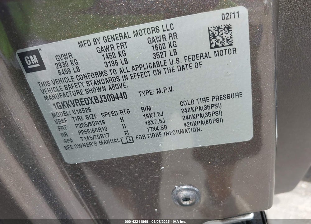 2011 GMC ACADIA SLT-1 VIN: 1GKKVREDXBJ309440