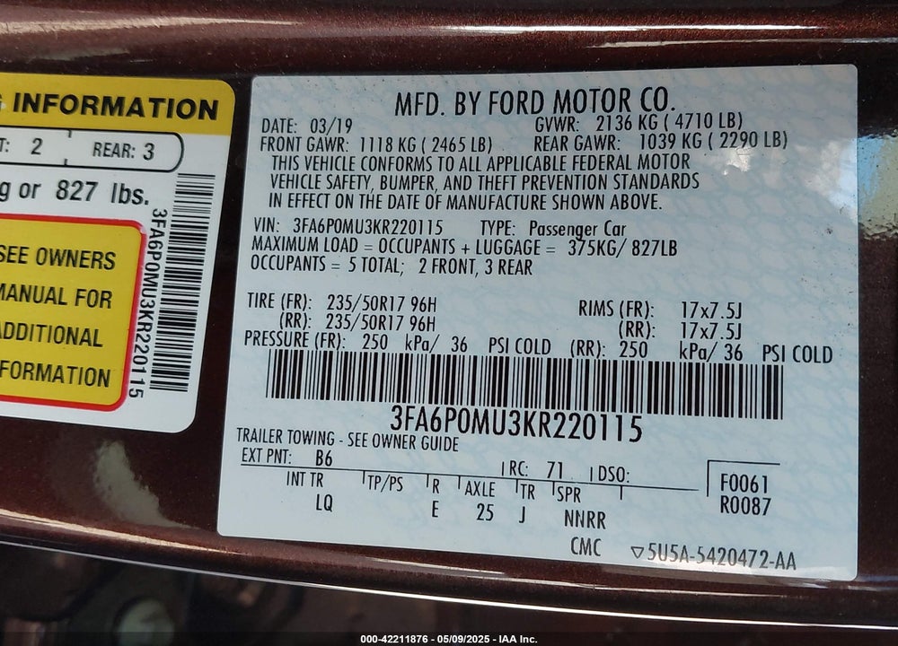 2019 FORD FUSION HYBRID VIN: 3FA6P0MU3KR220115