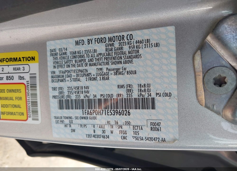 2014 FORD FUSION VIN: 1FA6P0H71E5396026