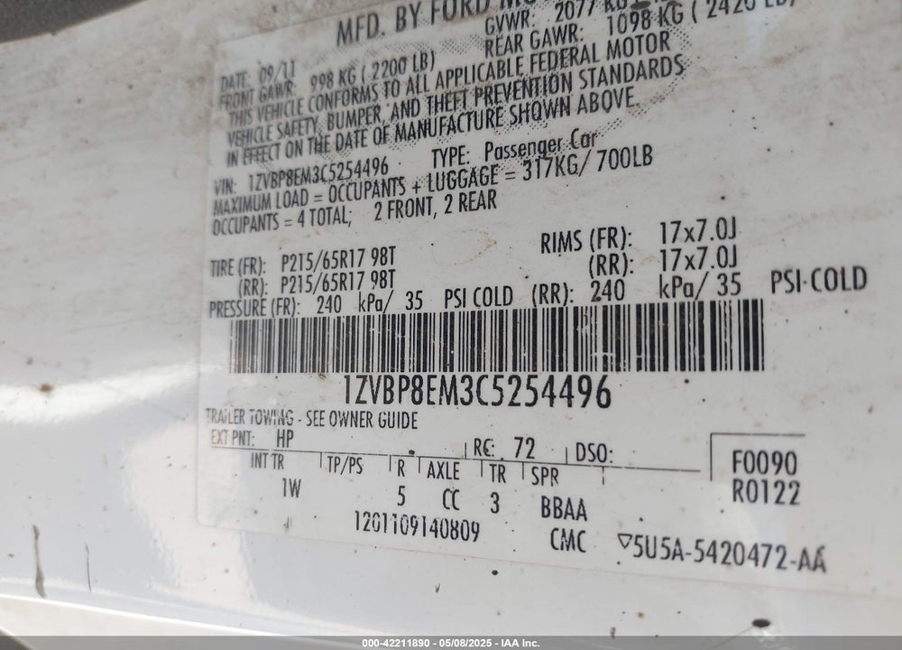2012 FORD MUSTANG V6 VIN: 1ZVBP8EM3C5254496