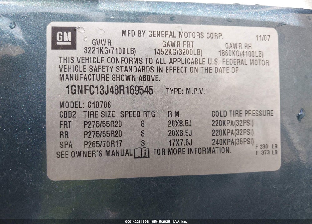 2008 CHEVROLET TAHOE LT VIN: 1GNFC13J48R169545