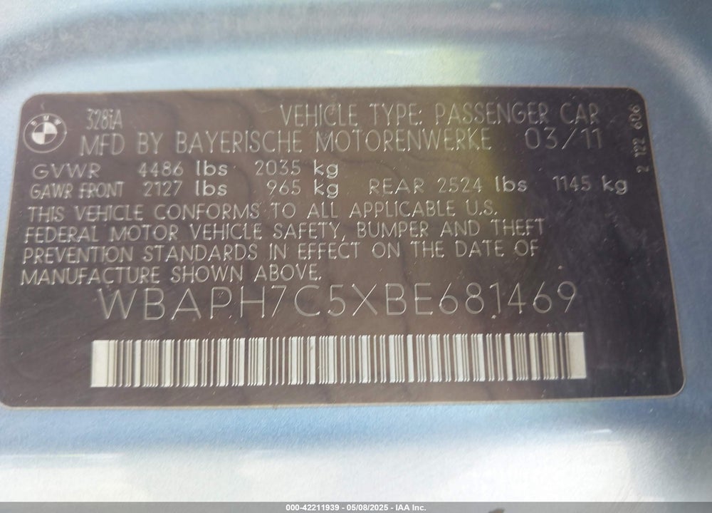 2011 BMW 328I VIN: WBAPH7C5XBE681469