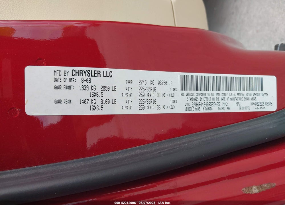 2009 CHRYSLER TOWN & COUNTRY VIN: 2A8HR44E49R525435