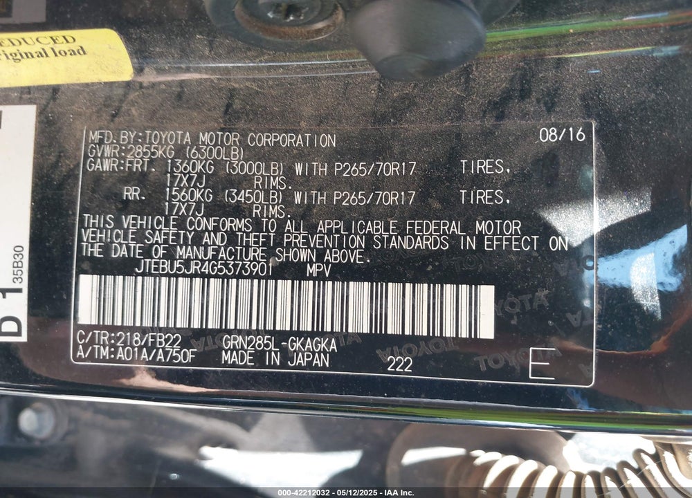 2016 TOYOTA 4RUNNER SR5 VIN: JTEBU5JR4G5373901