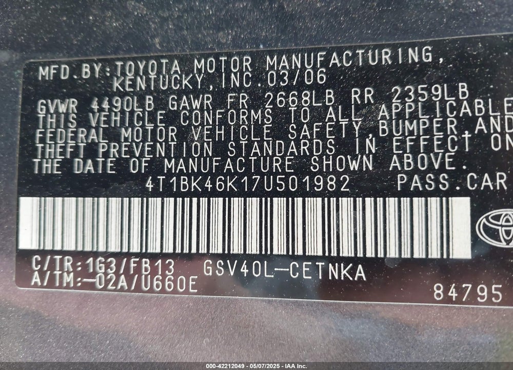 2007 TOYOTA CAMRY VIN: 4T1BK46K17U501982