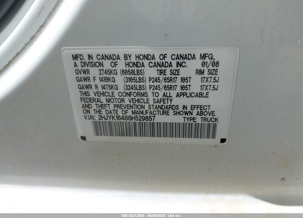 2008 HONDA RIDGELINE VIN: 2HJYK16488H529857