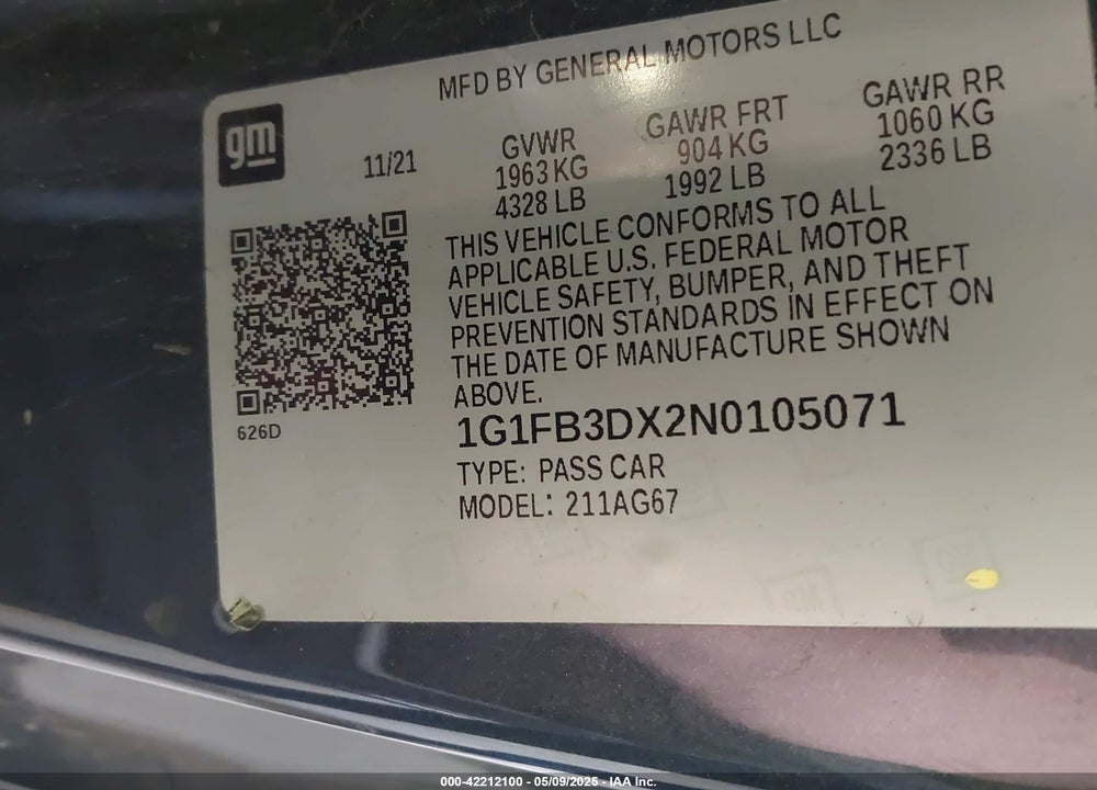 2022 CHEVROLET CAMARO RWD 1LT VIN: 1G1FB3DX2N0105071