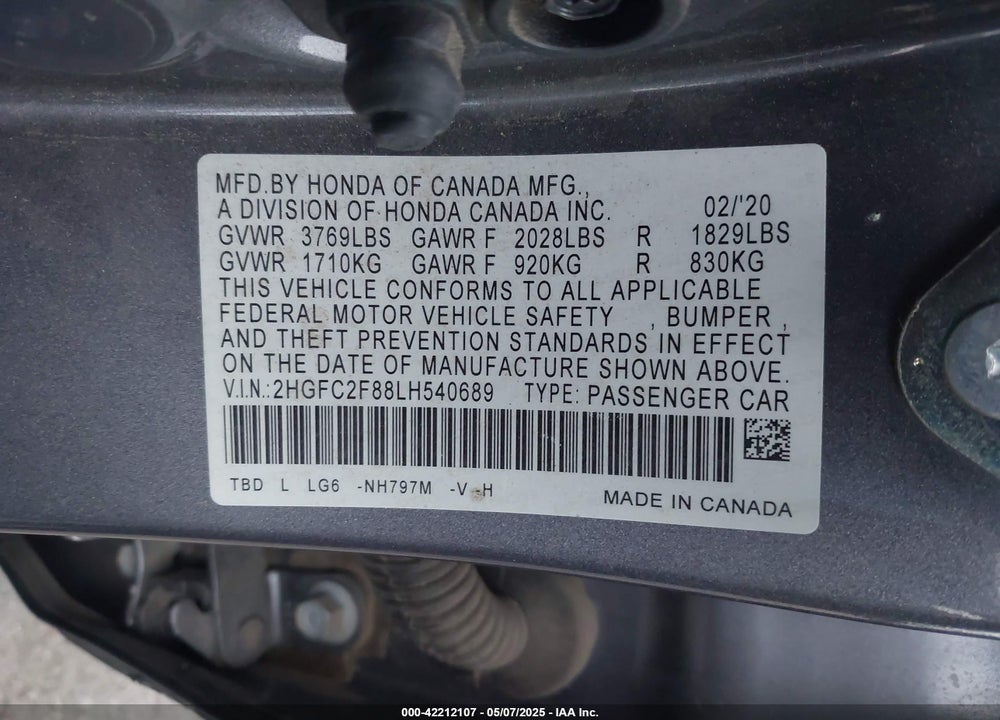 2020 HONDA CIVIC SPORT VIN: 2HGFC2F88LH540689