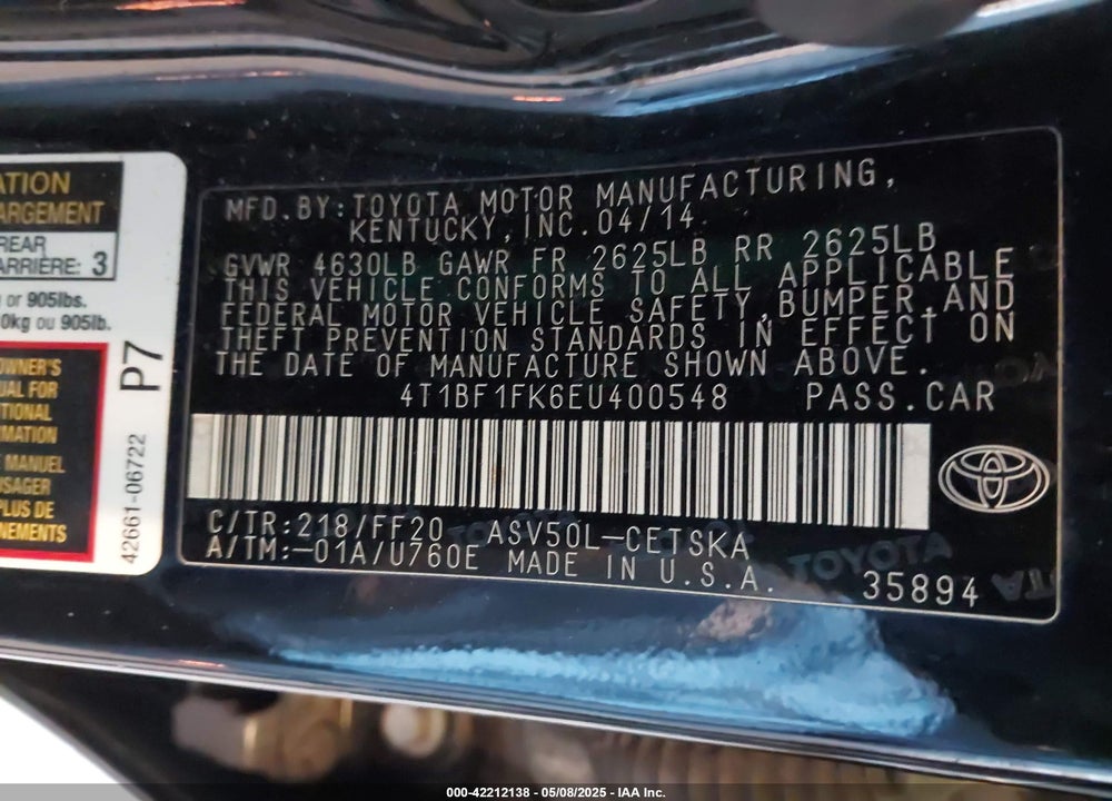 2014 TOYOTA CAMRY SE VIN: 4T1BF1FK6EU400548
