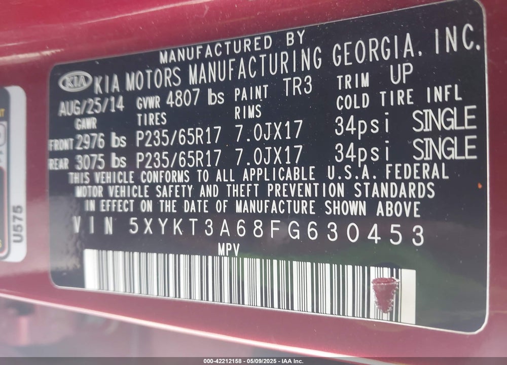 2015 KIA SORENTO VIN: 5XYKT3A68FG630453