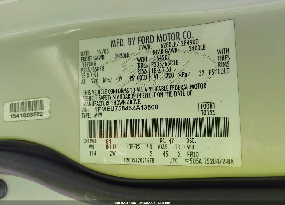 2006 FORD EXPLORER VIN: 1FMEU75846ZA13500