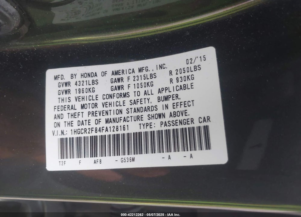 2015 HONDA ACCORD VIN: 1HGCR2F84FA128161