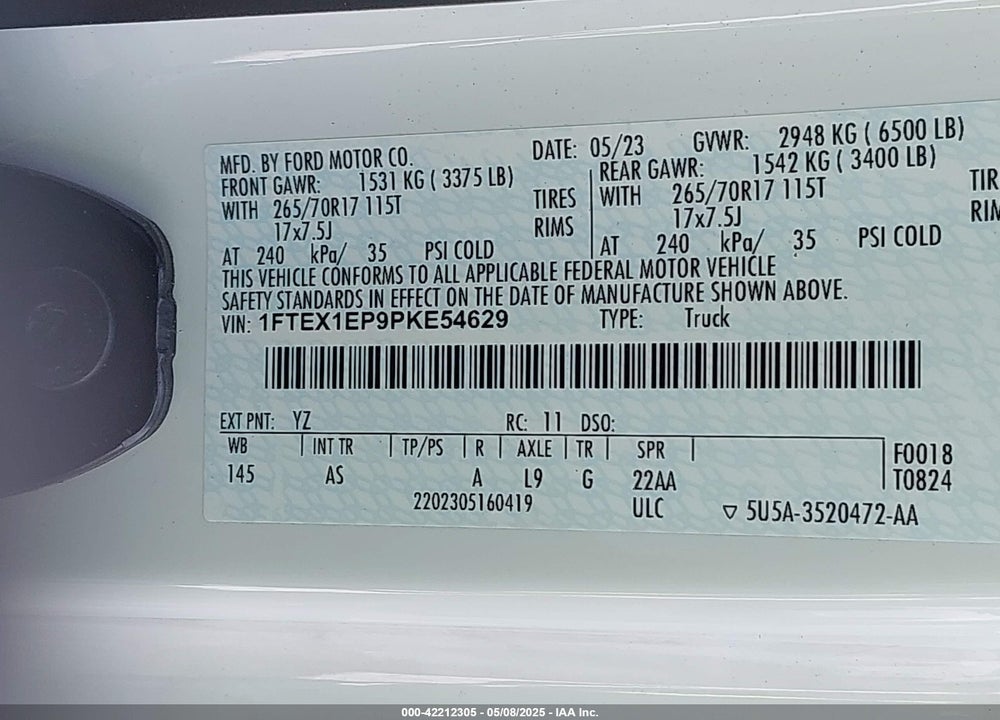 2023 FORD F-150 VIN: 1FTEX1EP9PKE54629