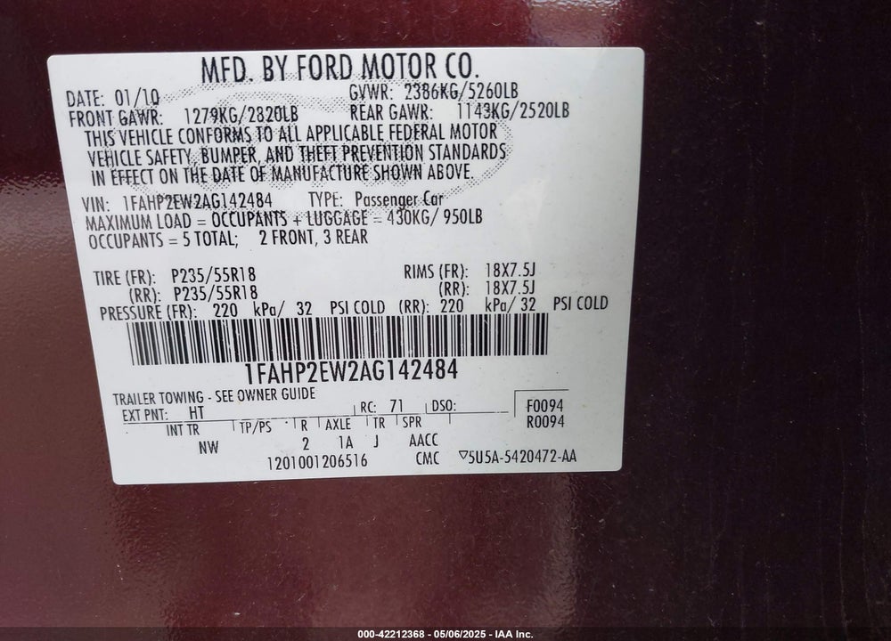 2010 FORD TAURUS SEL VIN: 1FAHP2EW2AG142484