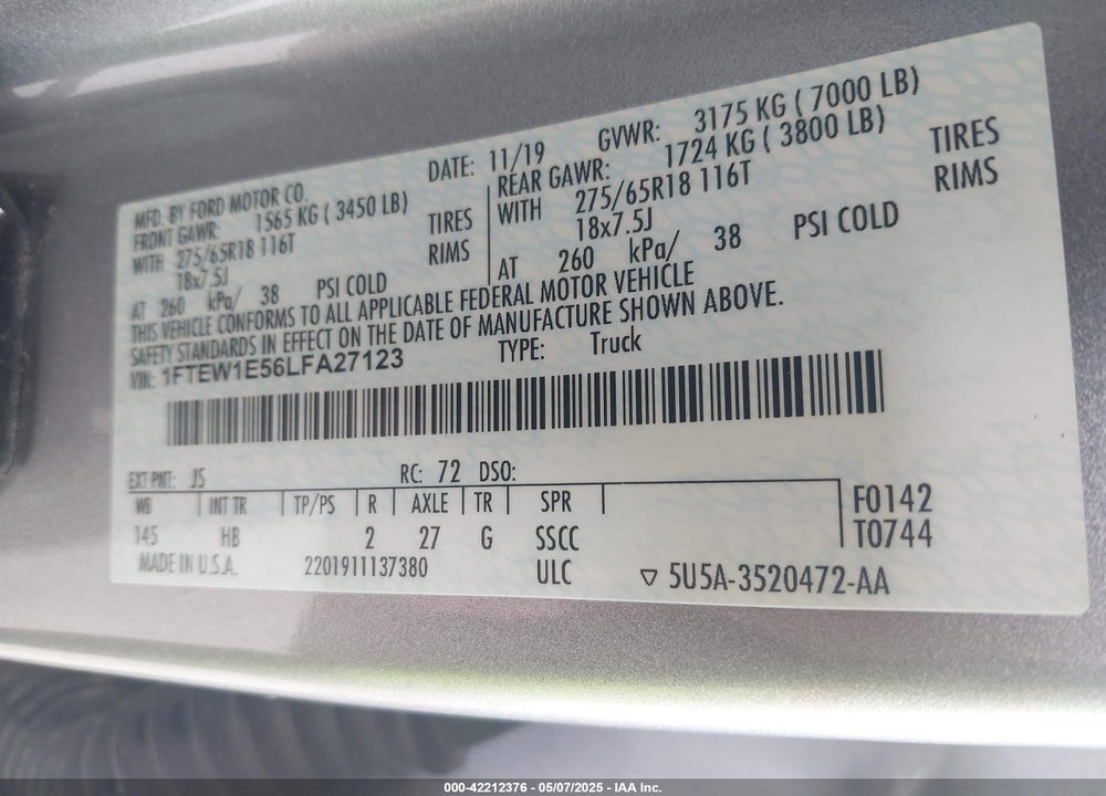 2020 FORD F-150 VIN: 1FTEW1E56LFA27123