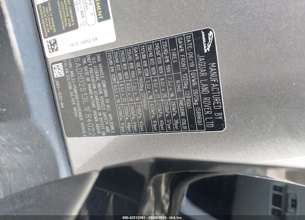 2020 JAGUAR I-PACE HSE EV400 AWD AUTOMATIC VIN: SADHD2S13L1F84022