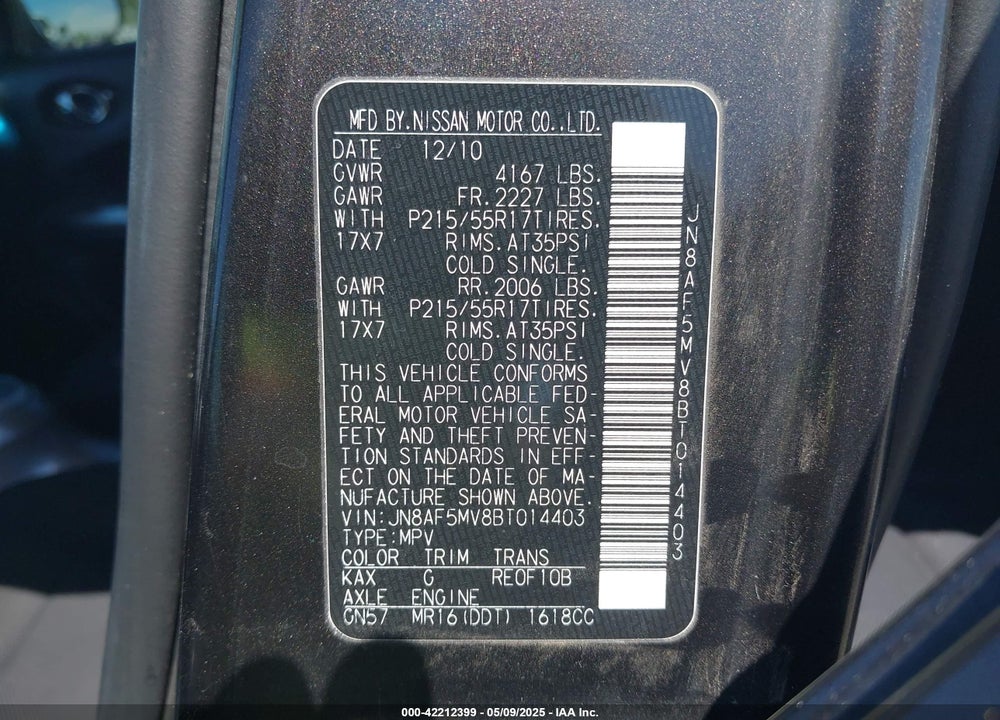 2011 NISSAN JUKE S VIN: JN8AF5MV8BT014403