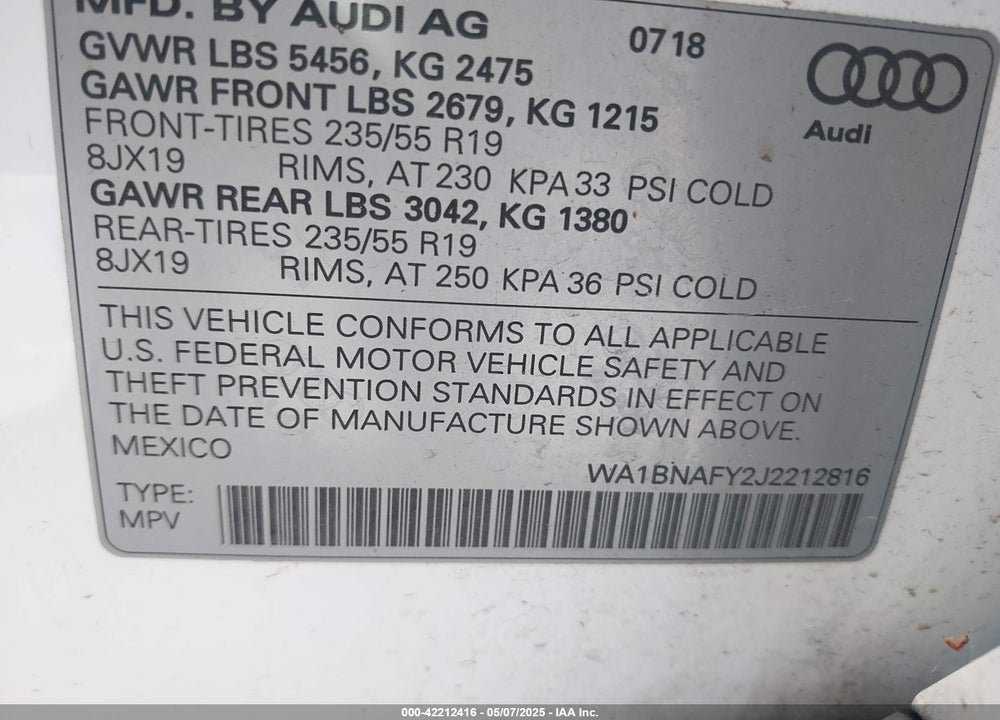 2018 AUDI Q5 VIN: WA1BNAFY2J2212816