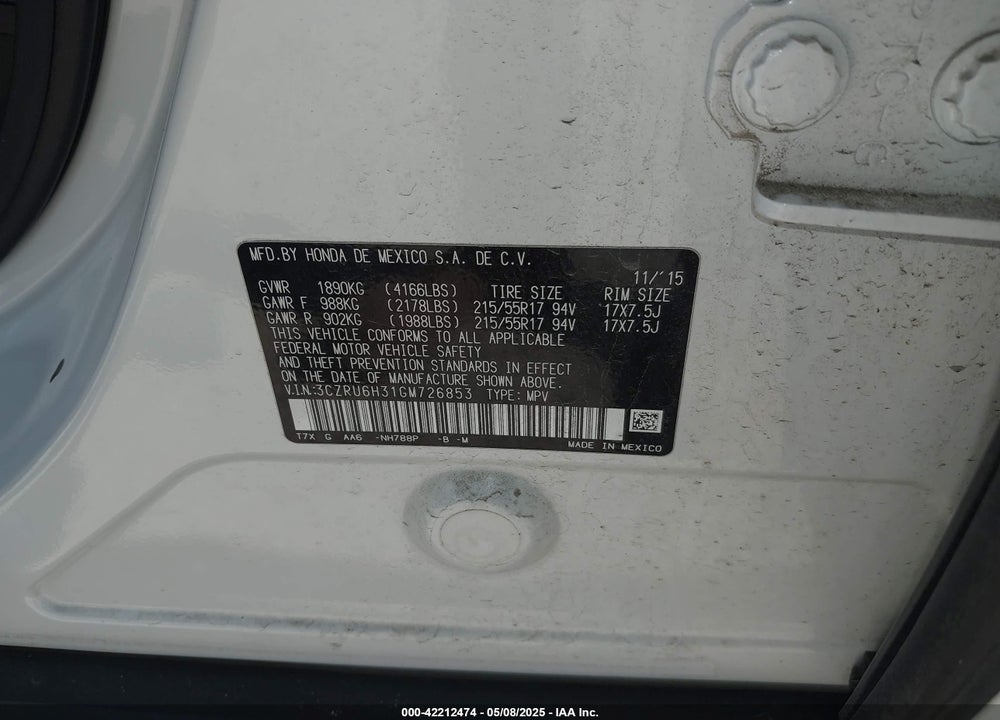 2016 HONDA HR-V LX VIN: 3CZRU6H31GM726853