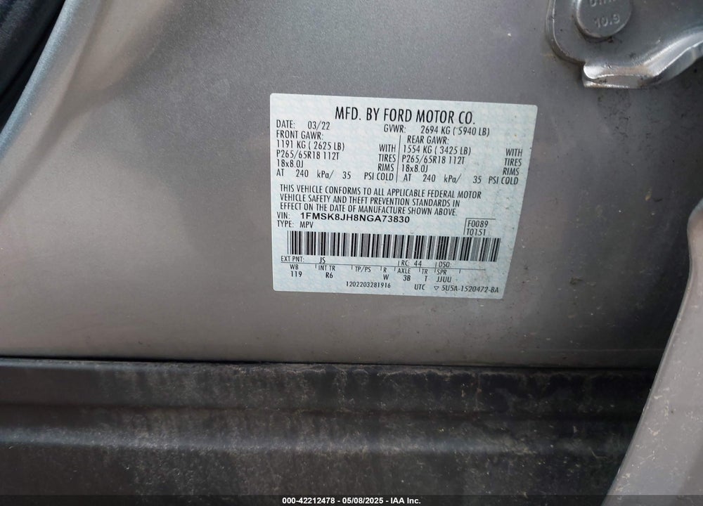 2022 FORD EXPLORER VIN: 1FMSK8JH8NGA73830
