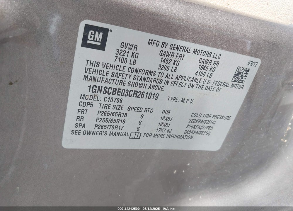 2012 CHEVROLET TAHOE VIN: 1GNSCBE03CR261019