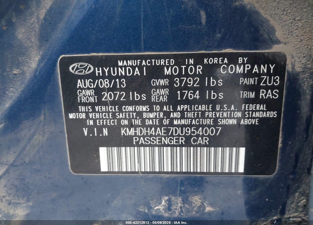 2013 HYUNDAI ELANTRA VIN: KMHDH4AE7DU954007