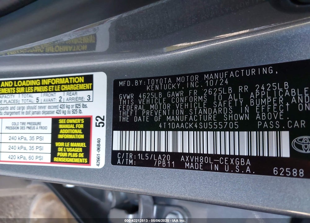 2025 TOYOTA CAMRY XLE VIN: 4T1DAACK4SU555705