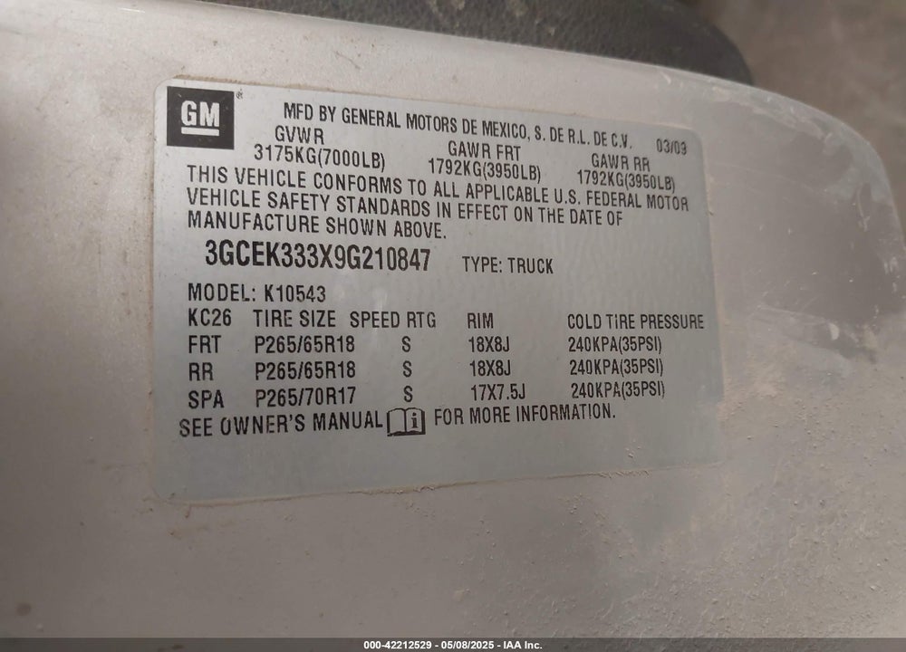 2009 CHEVROLET SILVERADO VIN: 3GCEK333X9G210847
