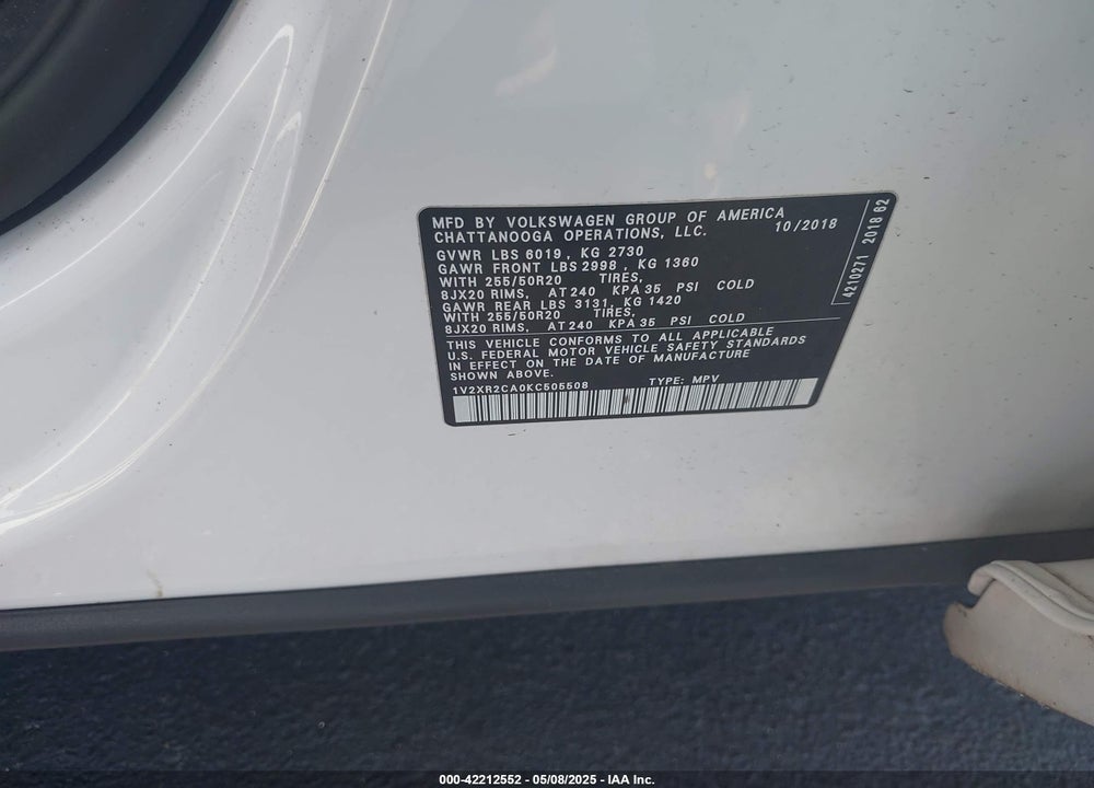 2019 VOLKSWAGEN ATLAS VIN: 1V2XR2CA0KC505508