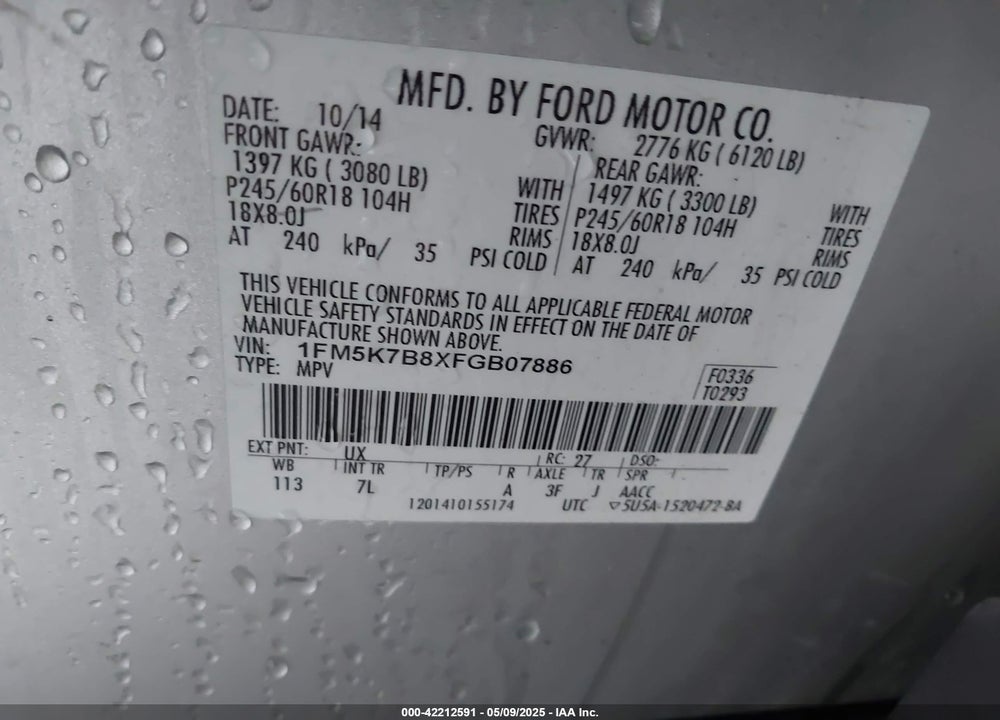 2015 FORD EXPLORER VIN: 1FM5K7B8XFGB07886
