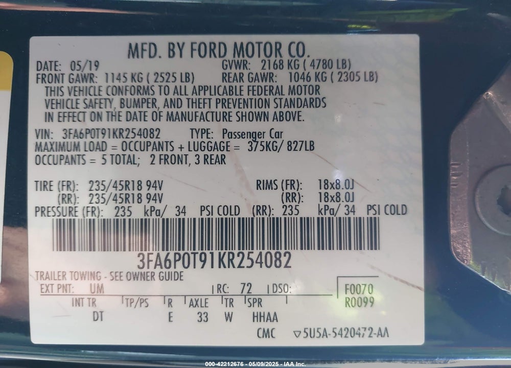 2019 FORD FUSION VIN: 3FA6P0T91KR254082