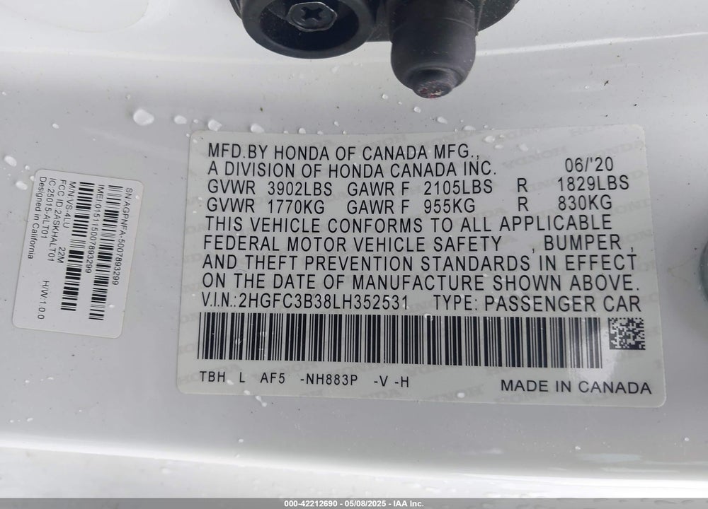 2020 HONDA CIVIC EX VIN: 2HGFC3B38LH352531