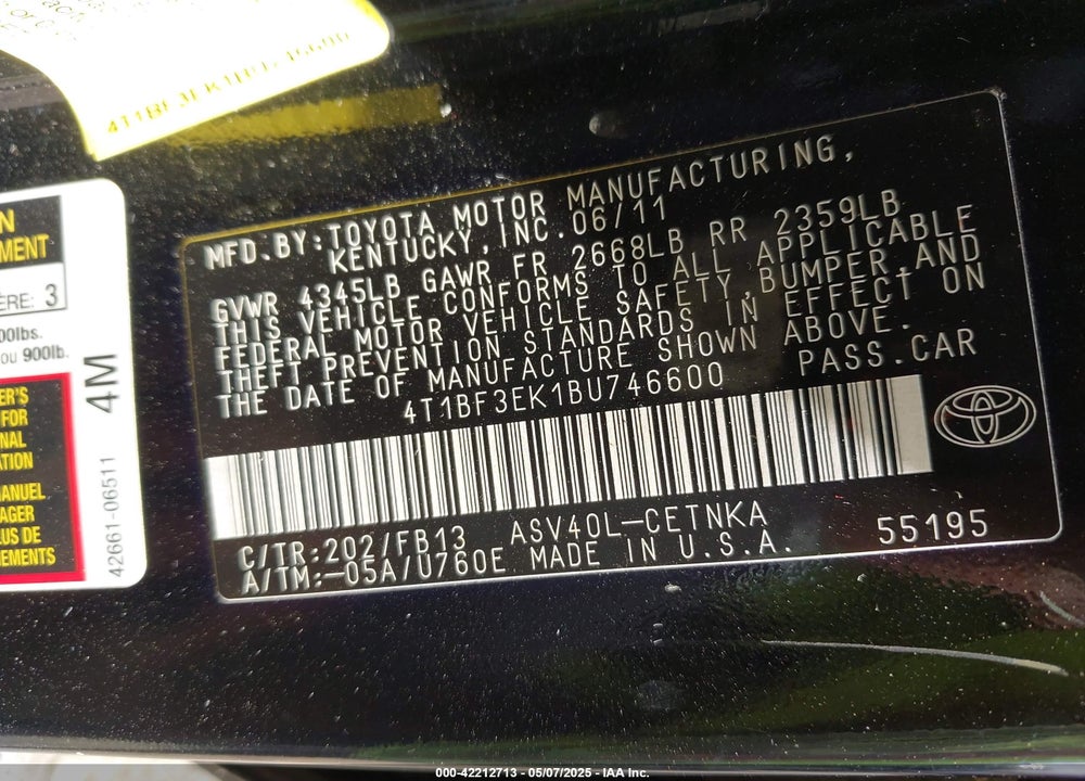 2011 TOYOTA CAMRY VIN: 4T1BF3EK1BU746600
