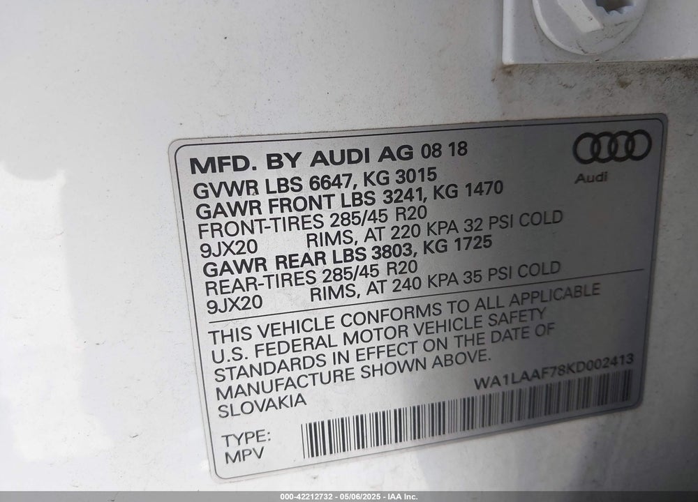 2019 AUDI Q7 VIN: WA1LAAF78KD002413