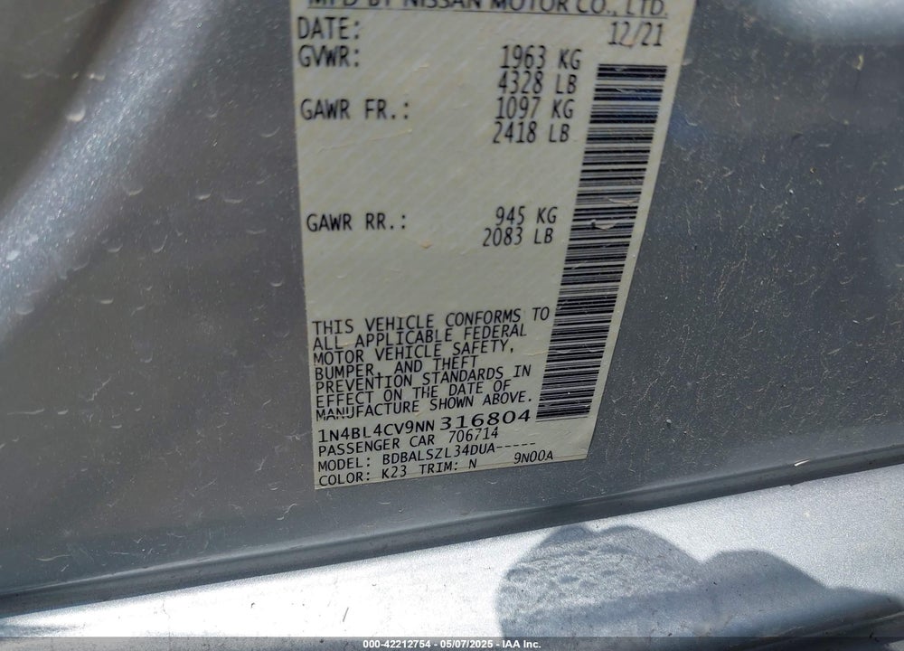 2022 NISSAN ALTIMA VIN: 1N4BL4CV9NN316804