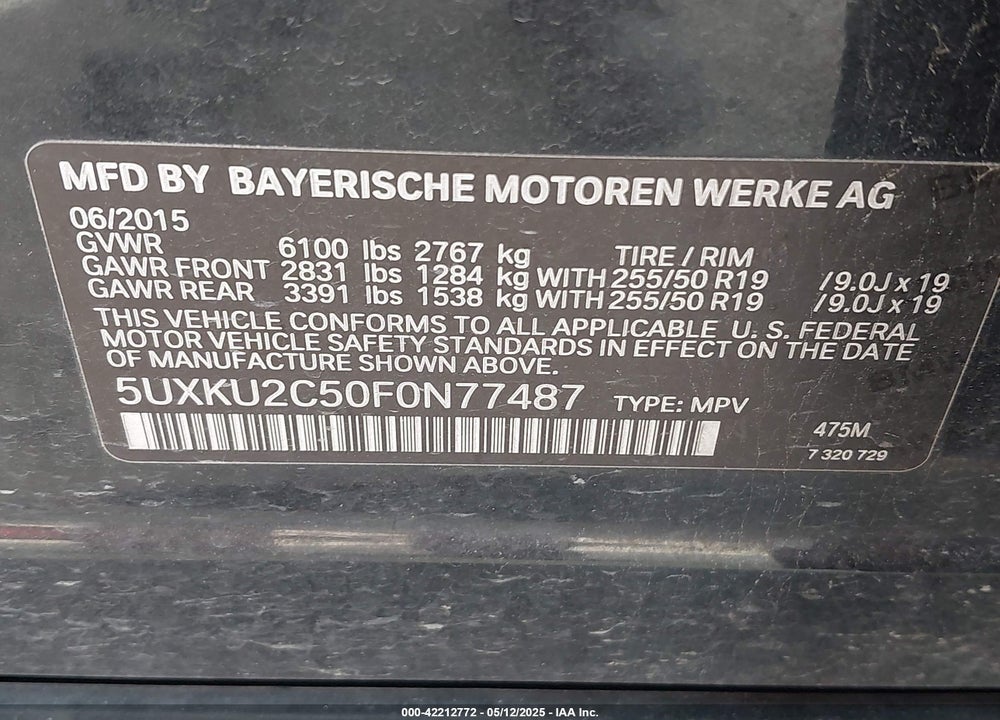 2015 BMW X6 XDRIVE35I VIN: 5UXKU2C50F0N77487