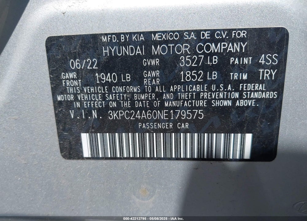 2022 HYUNDAI ACCENT SE VIN: 3KPC24A60NE179575