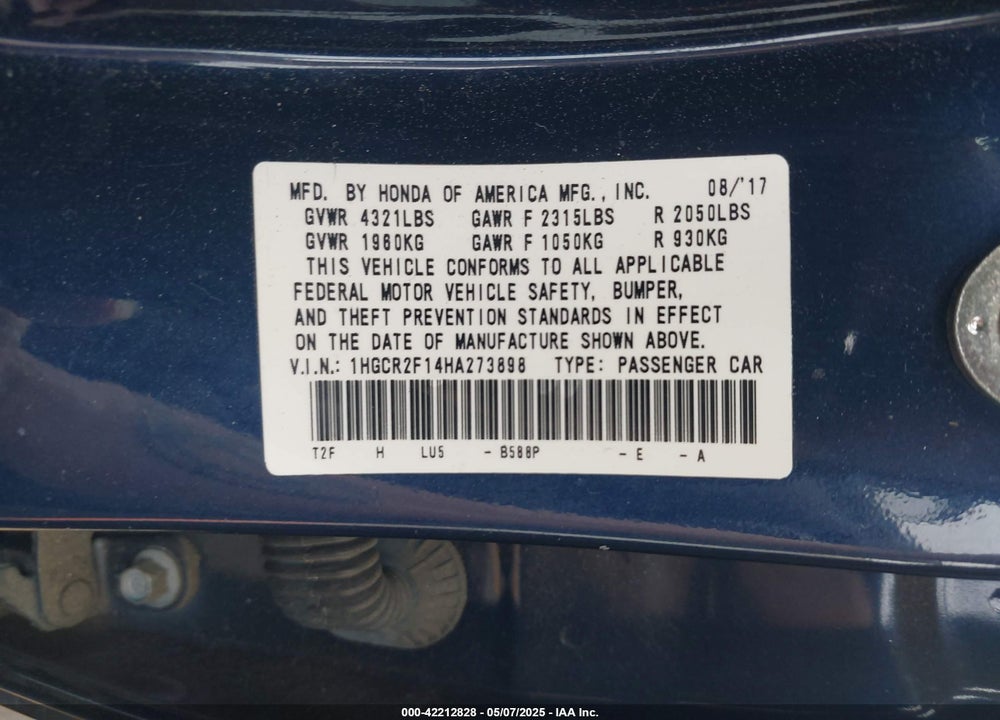 2017 HONDA ACCORD VIN: 1HGCR2F14HA273898