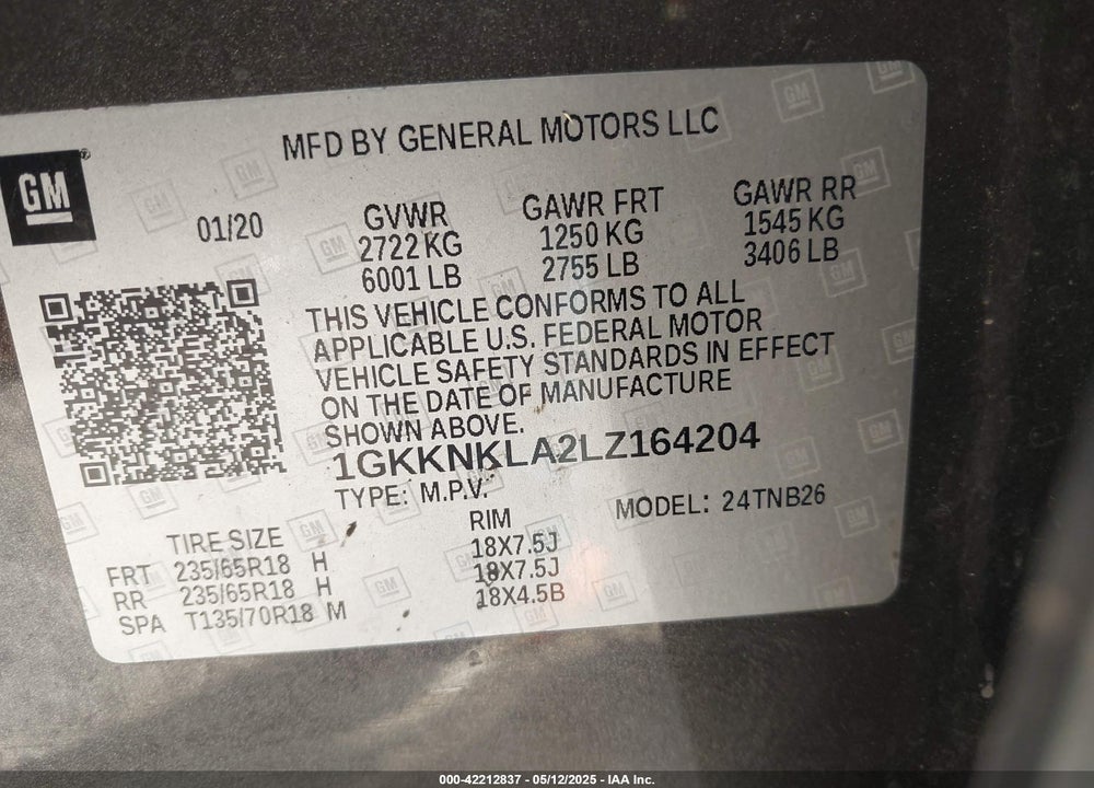 2020 GMC ACADIA VIN: 1GKKNKLA2LZ164204