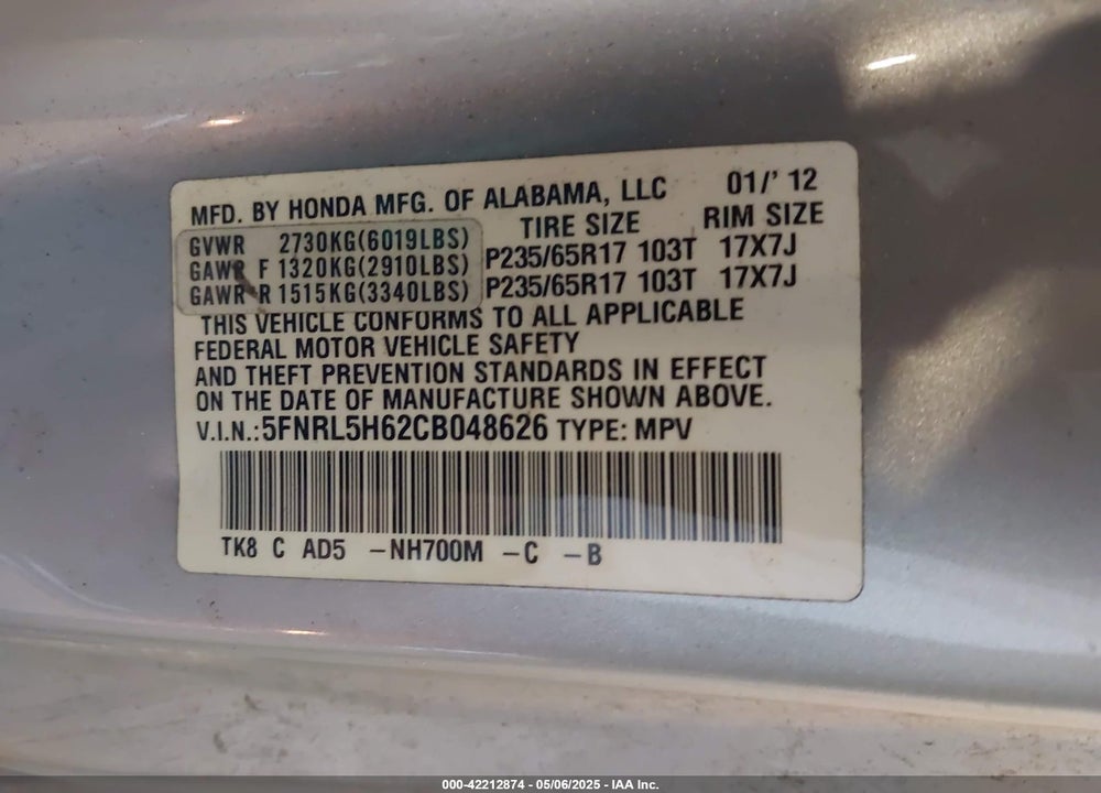 2012 HONDA ODYSSEY EX-L VIN: 5FNRL5H62CB048626