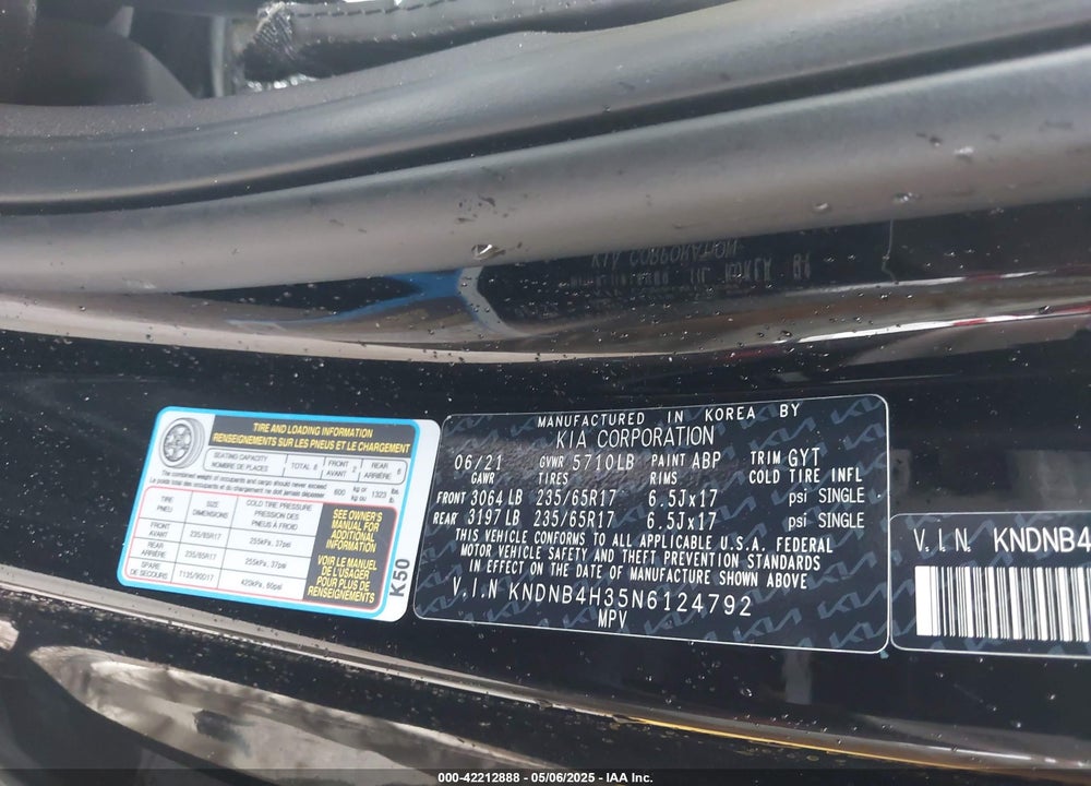 2022 KIA CARNIVAL MPV LX SEAT PACKAGE VIN: KNDNB4H35N6124792