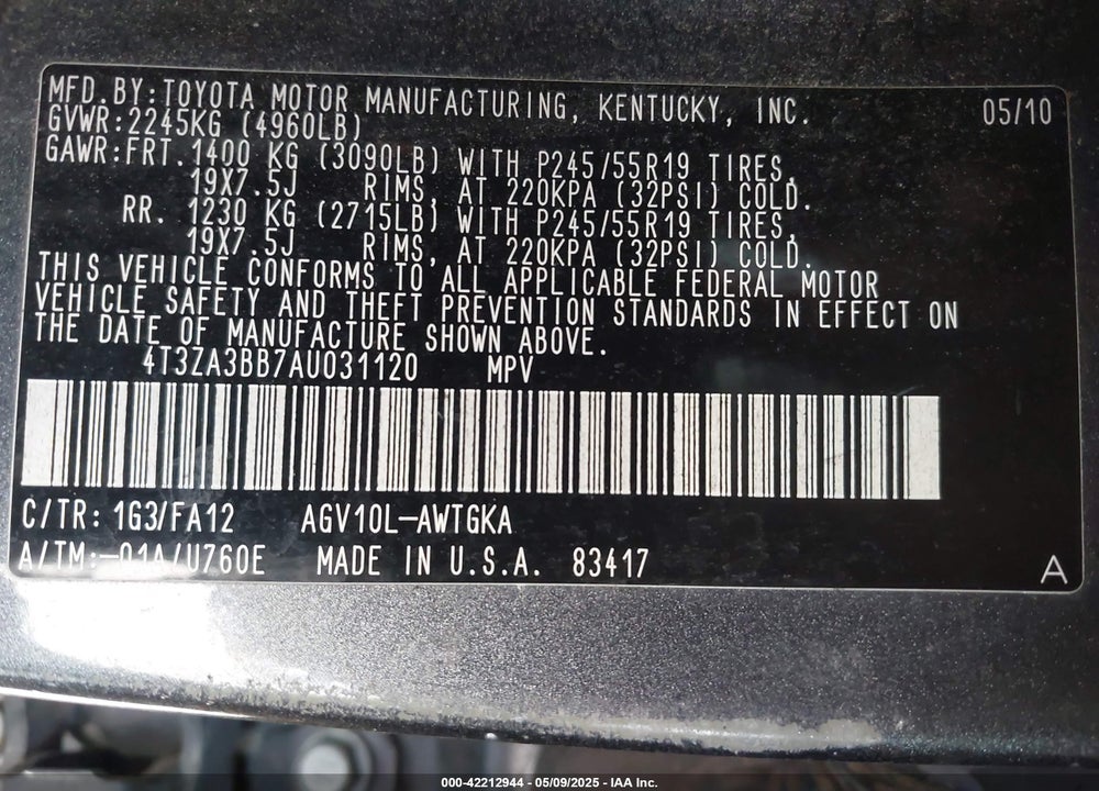 2010 TOYOTA VENZA VIN: 4T3ZA3BB7AU031120